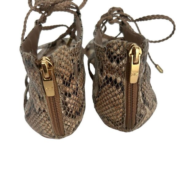 Marc Fisher Tan Snake Skin Print Gladiator Sandals Size 7 Back Zip Flats - Picture 9 of 11